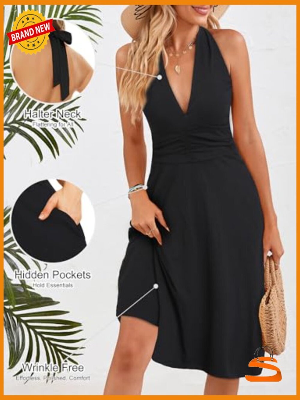 Sleeveless Halter Neck Mini Sundress with Pockets Elastic Waist Ruffle - Picture 4 of 7